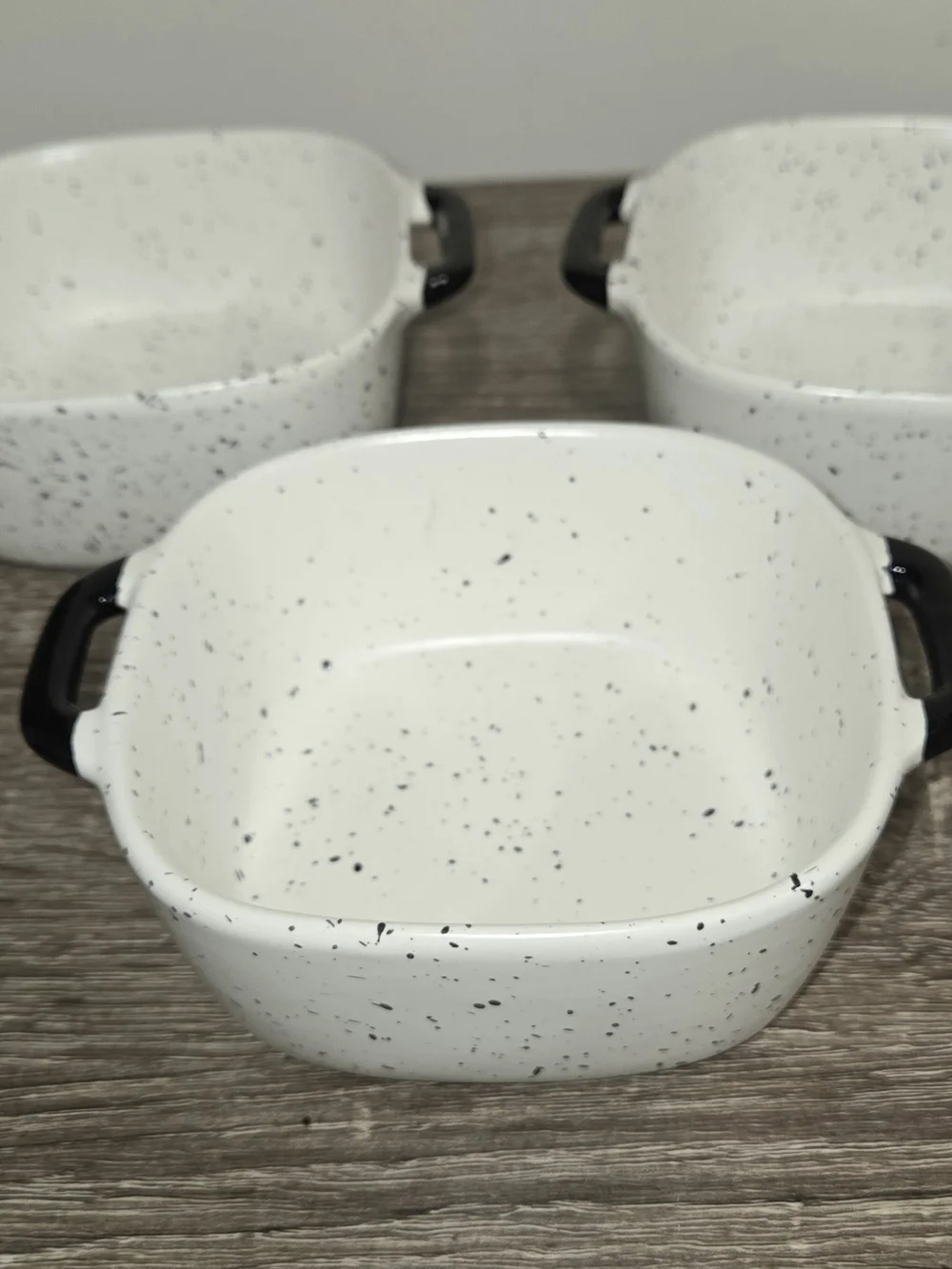 Lot of 3 Robert Stanley Oven Safe Ramekins Speckled White Black Square Dish.